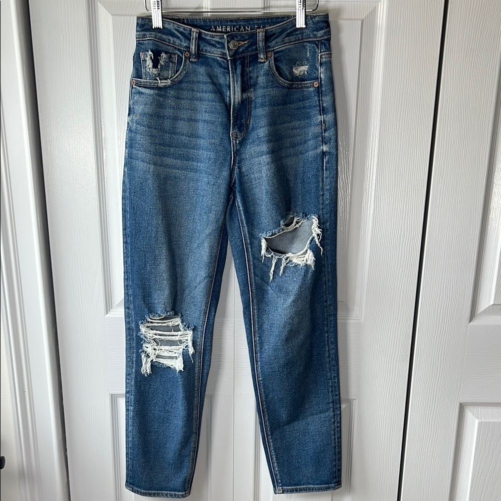 American Eagle Outfitters Blue Straight Leg Jeans with Distressed Details